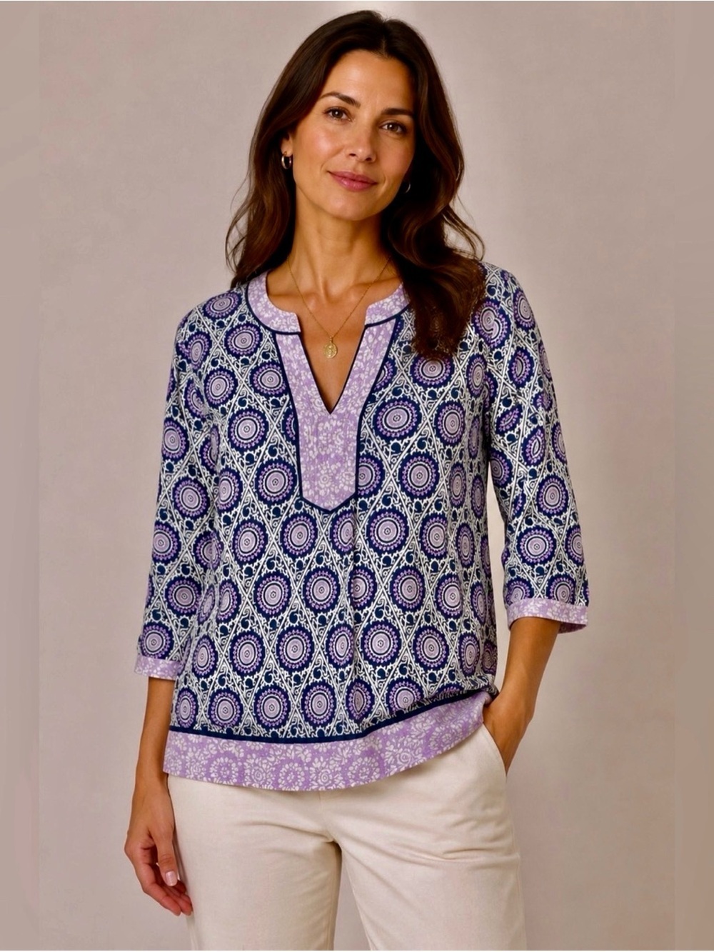 Talbots size small purple medallion blouse 3/4 length sleeves size M
